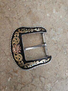 Western Floral Engraved Belt Buckle Silver Gold Tone Vintage Style